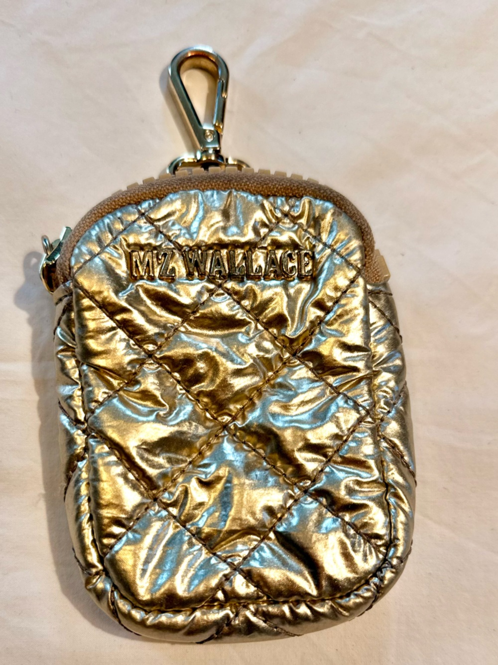 MZ WALLACE Mini Quilted Metallic Gold Clip On Zipped Pouch